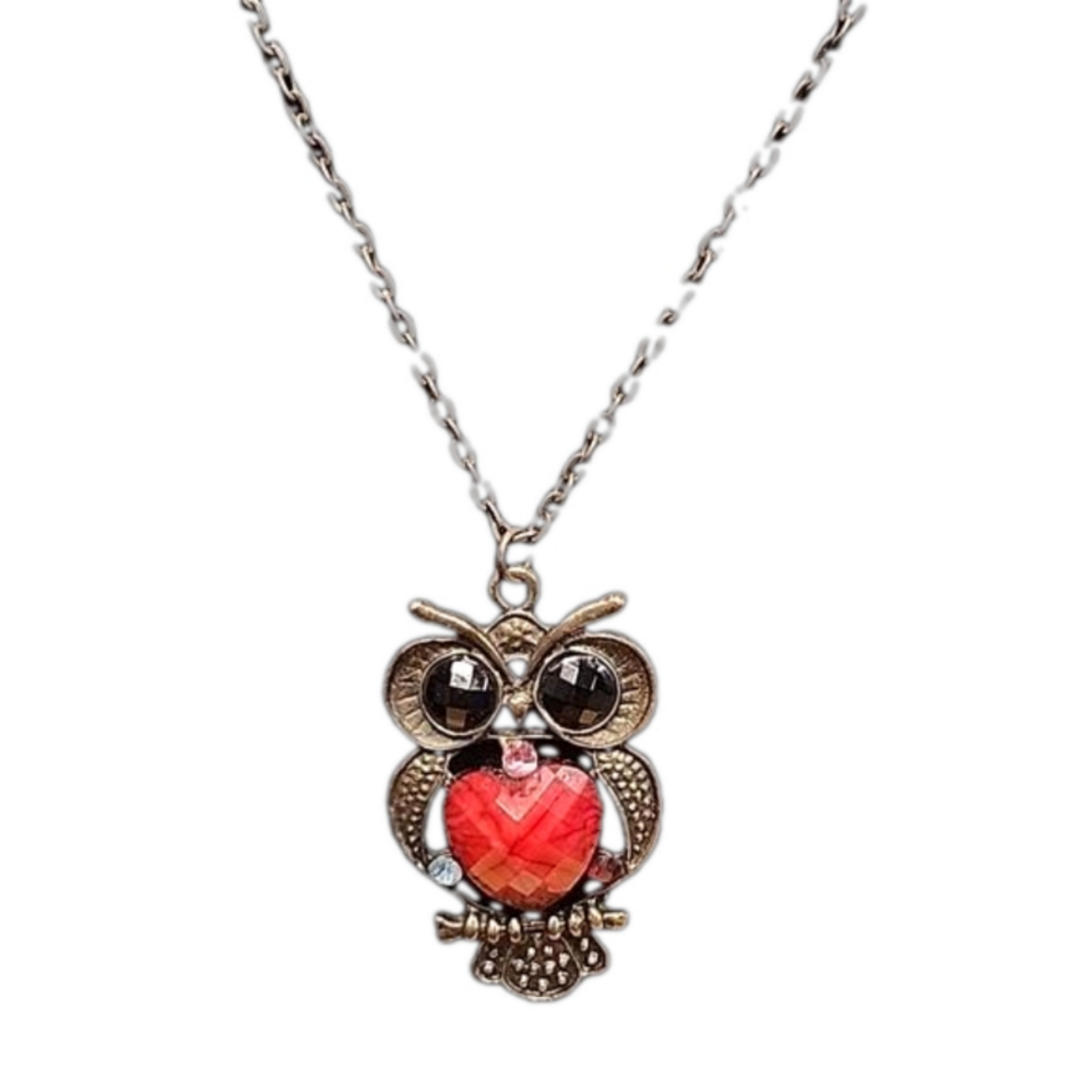 Vintage Style Owl Necklace Red Heart Rhinestone Pendant Brass Tone Owl Jewelry